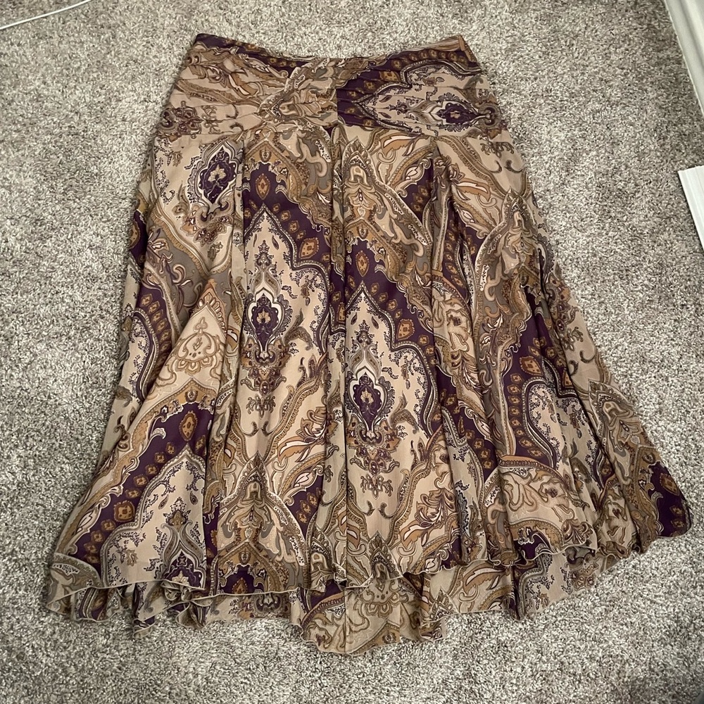 Boho flowy paisley earth tone vintage silk skirt - Picture 1 of 3
